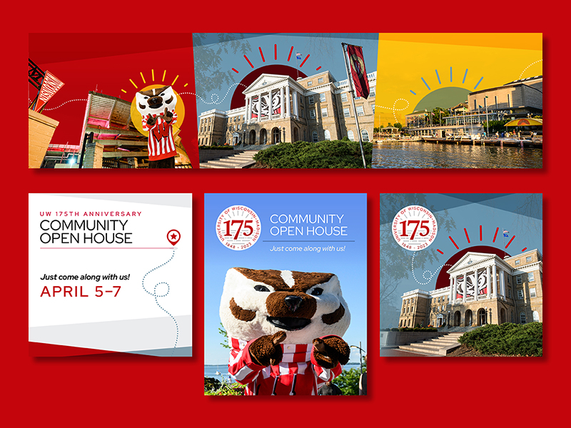 Colorful graphics with buildings and Bucky Badger mascot