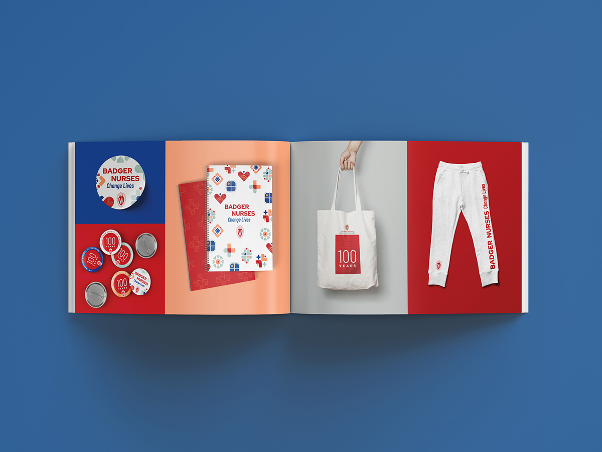 Open booklet showing colorful examples of swag items (stickers, buttons, tote bag, and sweat pants)
