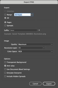 Screenshot showing export settings from Adobe Indesign.