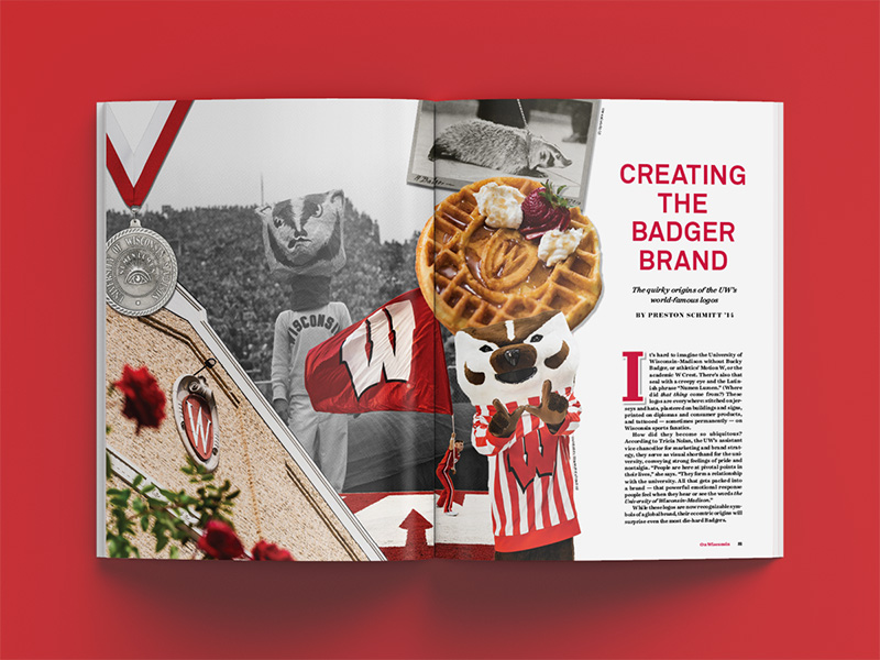 Magazine spread with a collage of images relating to the UW–Madison brand