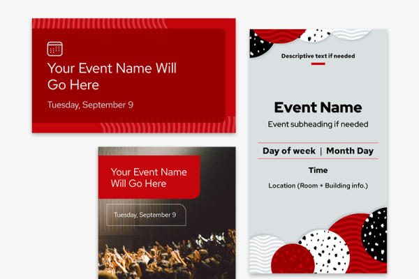 Collection of three social media template images with placeholder copy for event-related social posts.