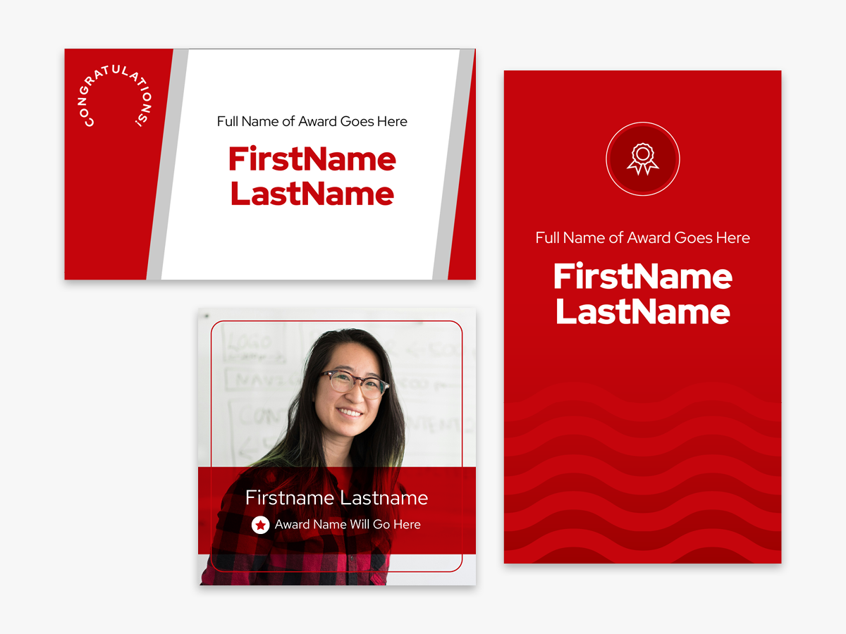 Collection of three social media template images with placeholder copy for award-related social posts.