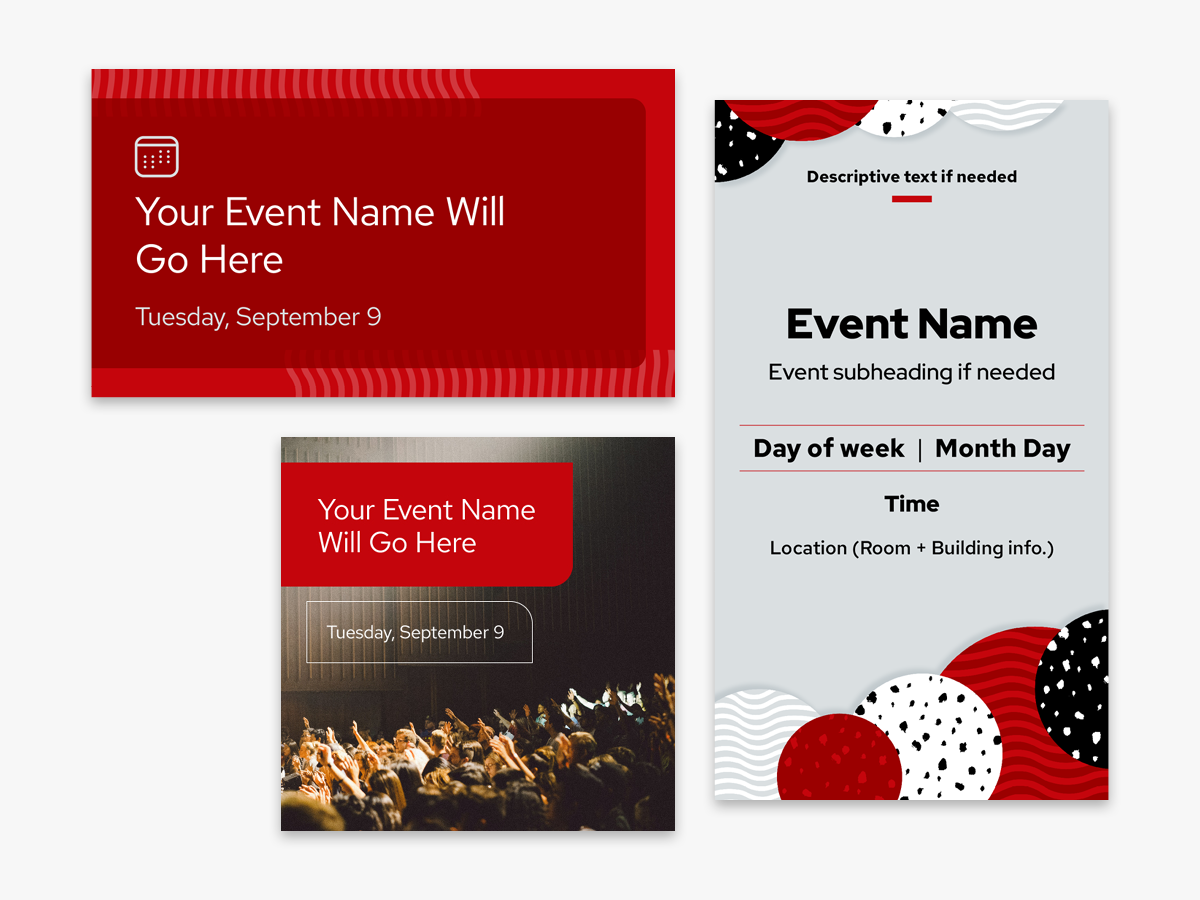 Collection of three social media template images with placeholder copy for event-related social posts.