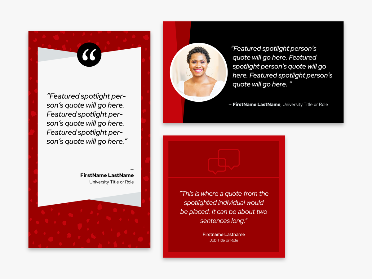 Collection of three social media template images with placeholder copy for spotlighting individuals or achievements on social.