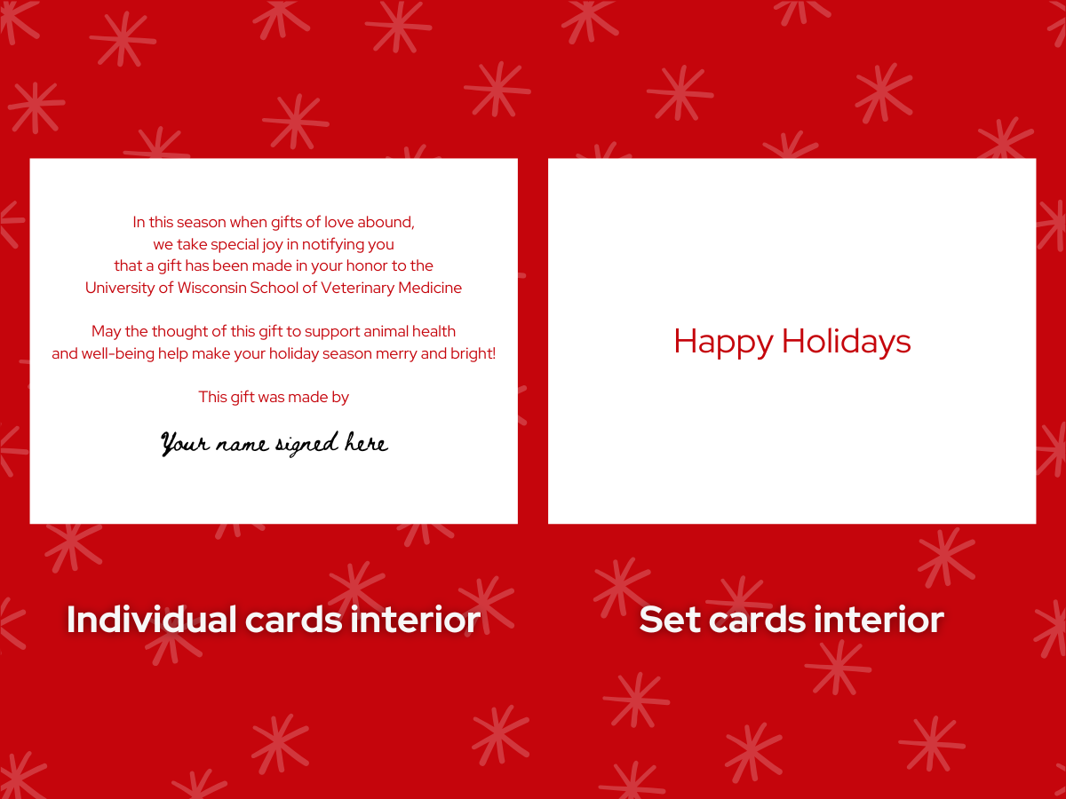 Two options for the interior of the card – the individual cards interior says a gift was made to the University of Wisconsin School of Veterinary Medicine in honor of the receiver. The set cards interior says Happy holidays.