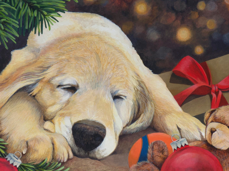 School of Veterinary Medicine Holiday Card depicted an illustration of a puppy next to a holiday tree.