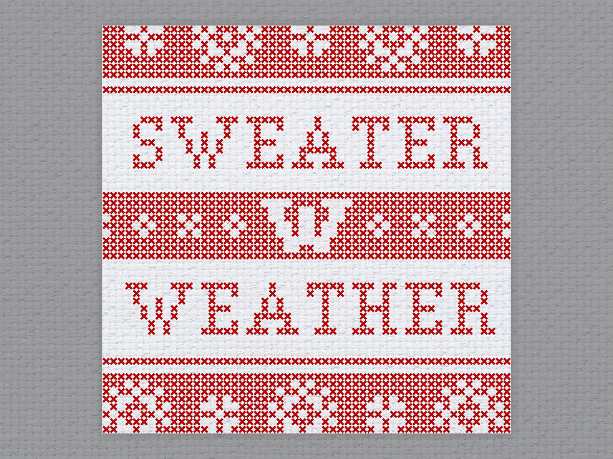 Holiday card with crochet design pattern reads, sweater weather, and motion W at center overlaid on gray textured background.