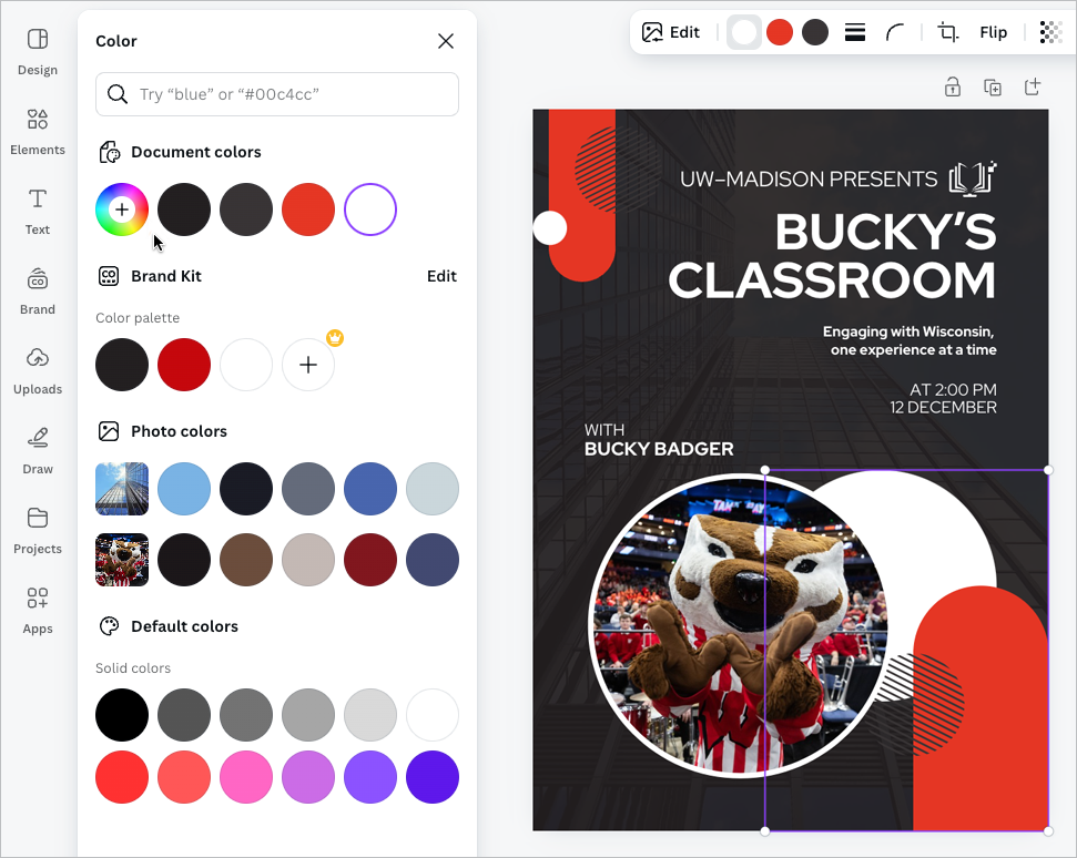 Screenshot showing a selected element in Canva, and the resulting color palette which pops up on click.