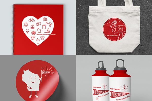 Sample collection of four UW–Madison branded promotional swag designs on notebook, canvas bag, sticker and water bottles.