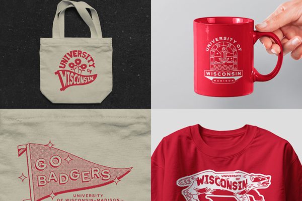 Mockups of UW–Madison swag designs on tote bags, coffee mug, and t-shirt
