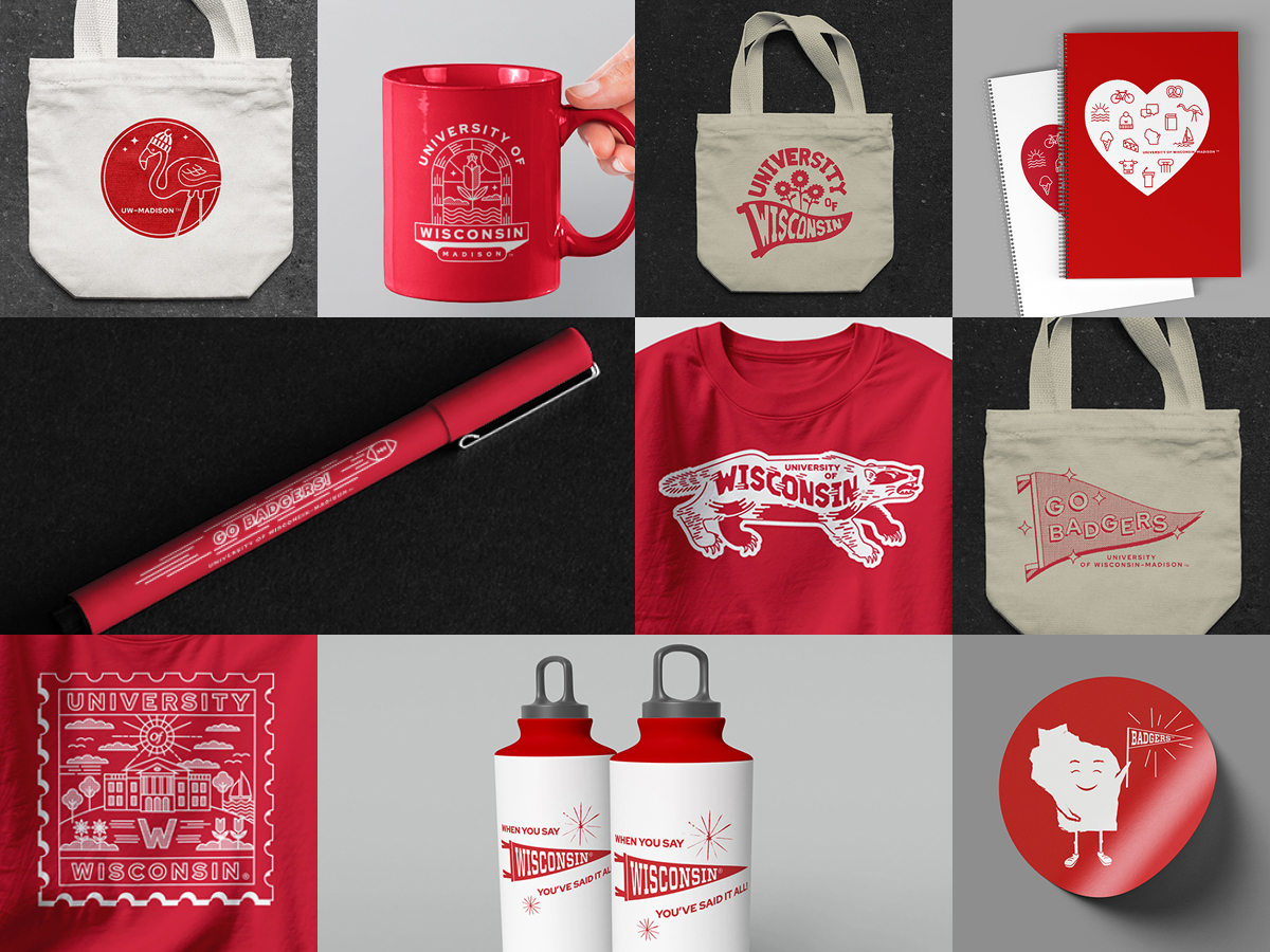 Mockups of UW–Madison swag designs on promotional materials (tote bags, t-shirts, ink pen, water bottles and sticker)