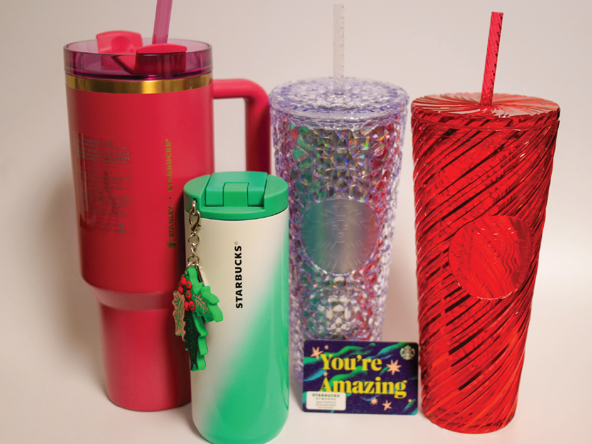 Four seasonal beverage containers and a gift card.