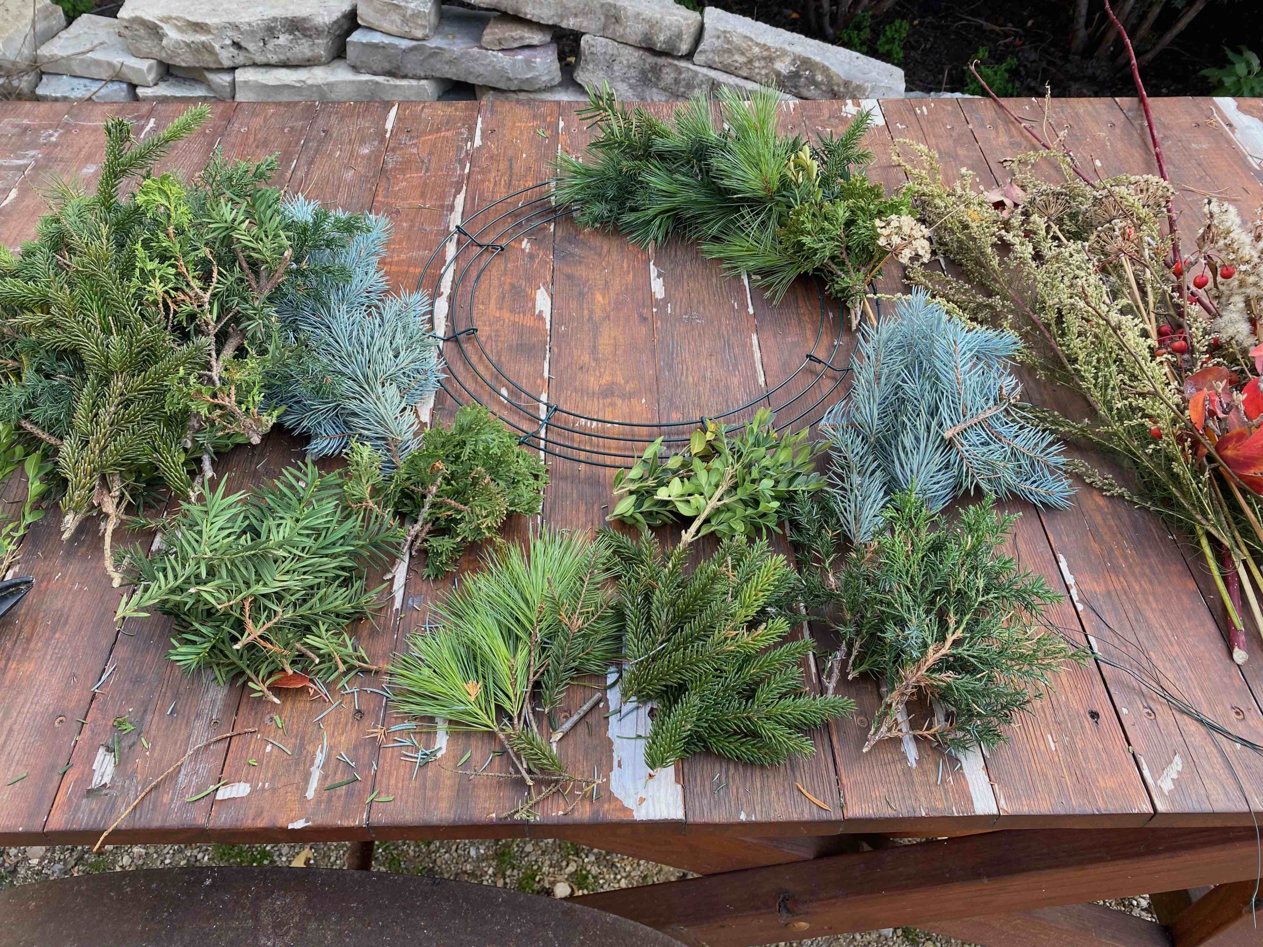 Supplies for creating a wreath - different types of evergreen boughs, wire and pinecones - lie separately on a table.