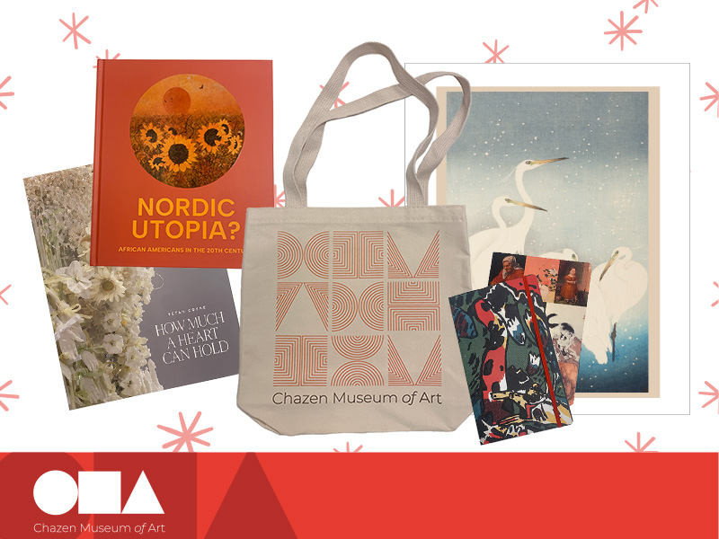 A selection of items available from the Chazen Musem of Art Gift Shop, including books, artwork and a Chazen canvas bag.