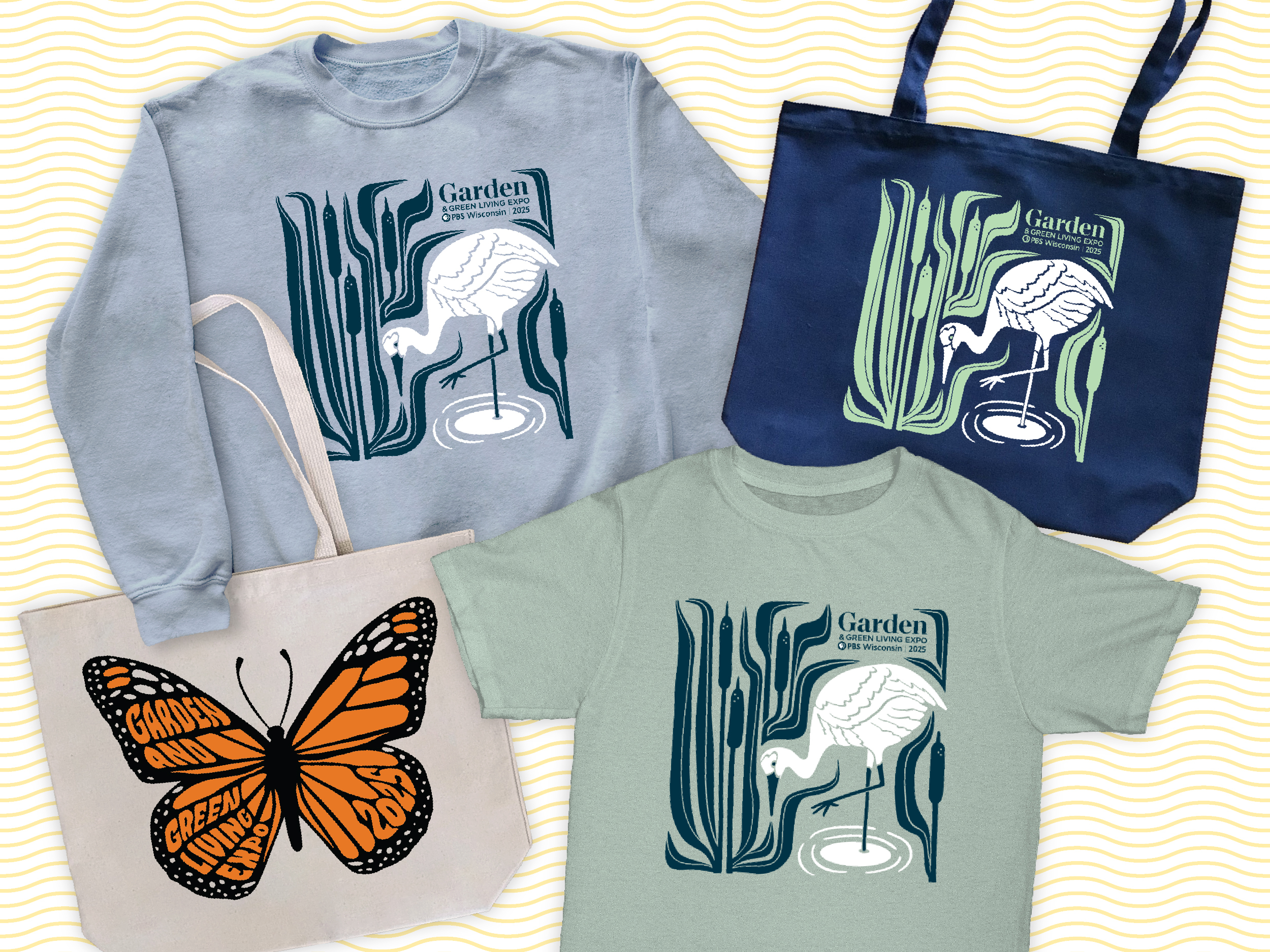 Two tote bags, a sweatshirt and a t-shirt with garden art on them.