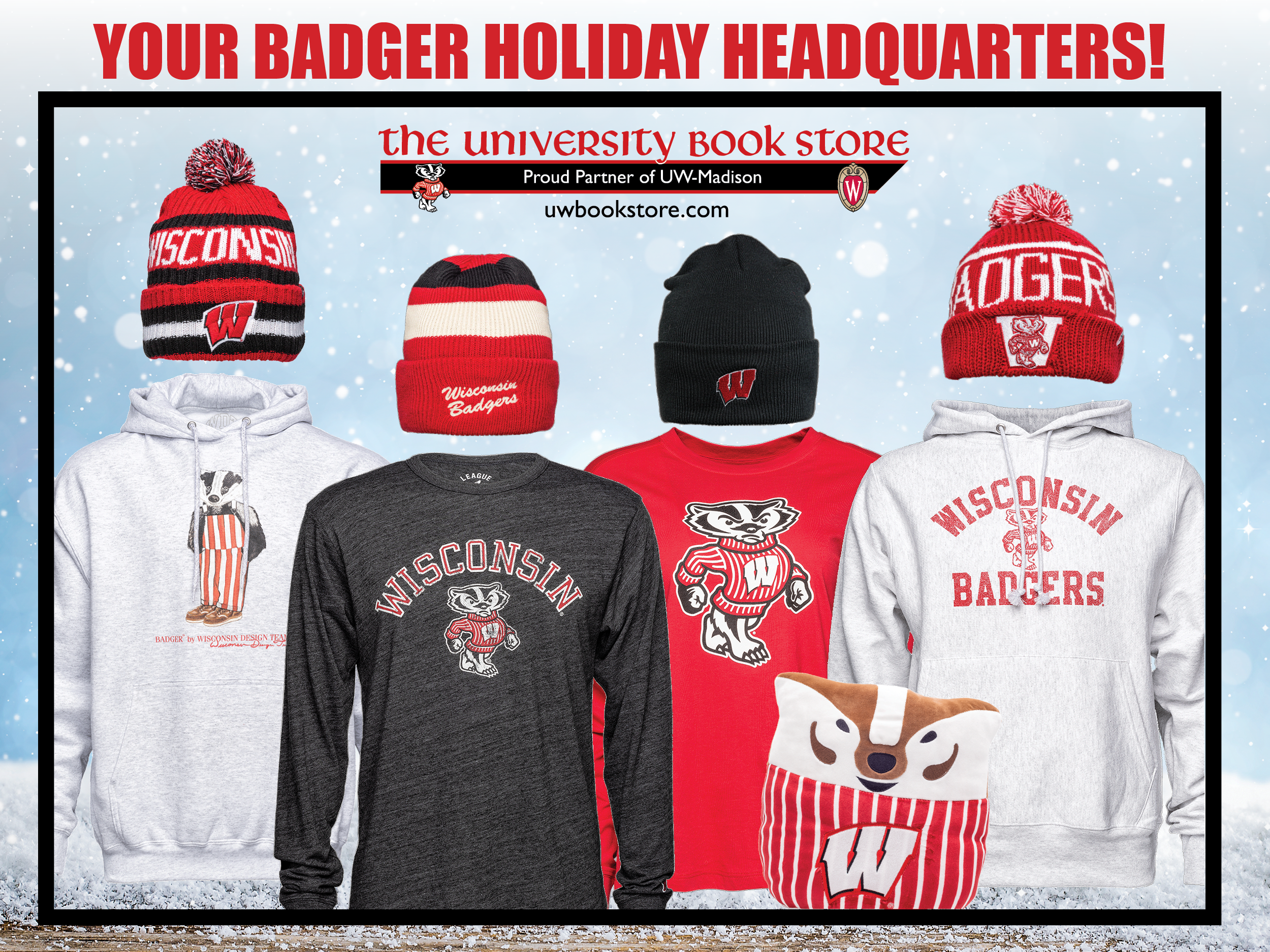 UW winter hats, apparel and a Badger Plush available from the University Book Store.