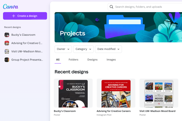 Screenshot from the Projects page of the Canva application.