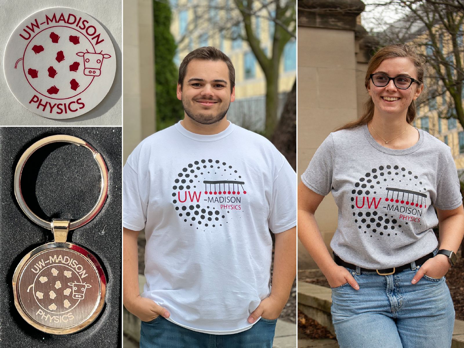 Sticker, keychain and t-shirt branded with UW-Madison Physics.