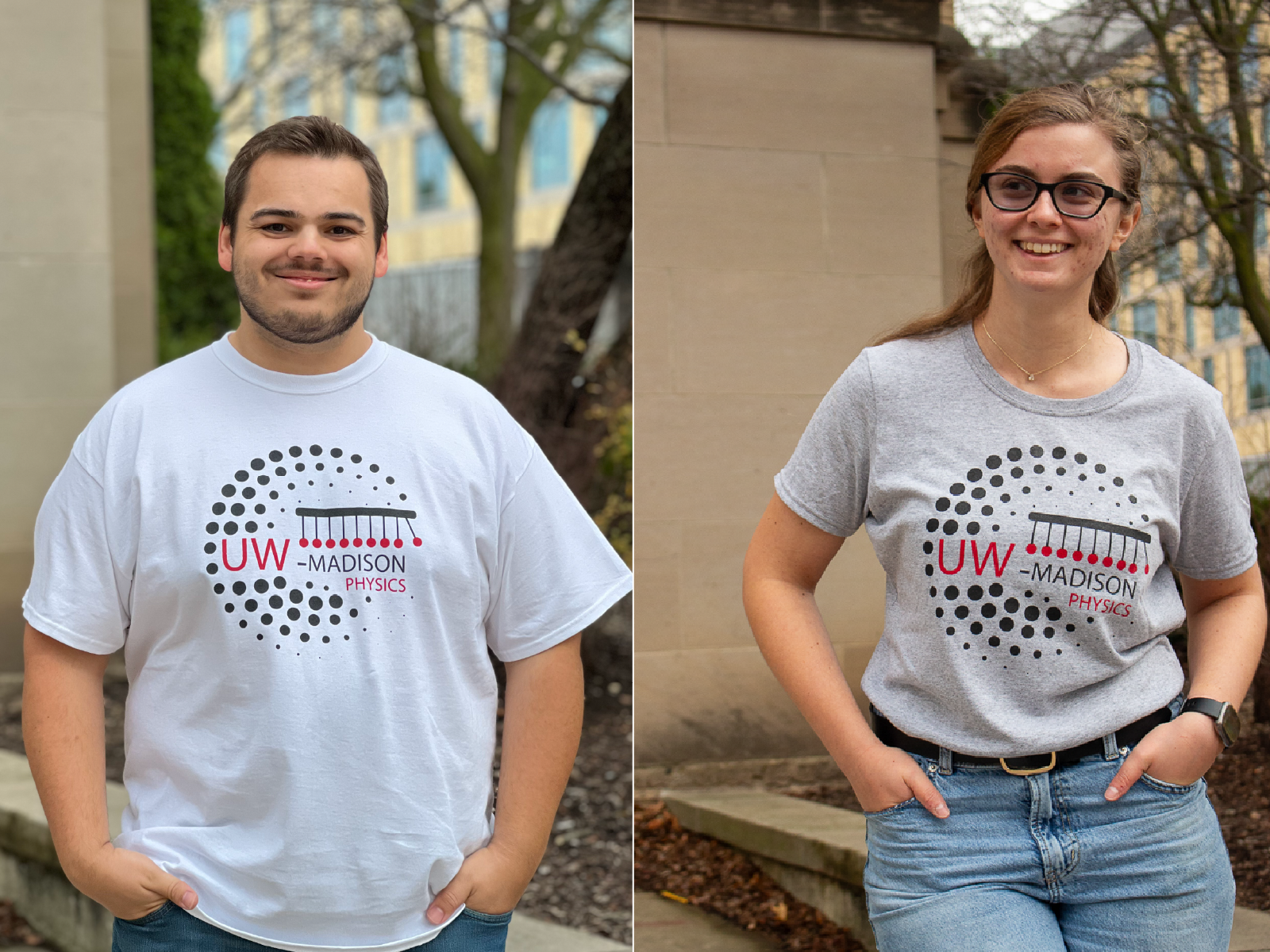 Male and female people wearing a grey UW–Madison Physics t-shirt with a black and red design on it.