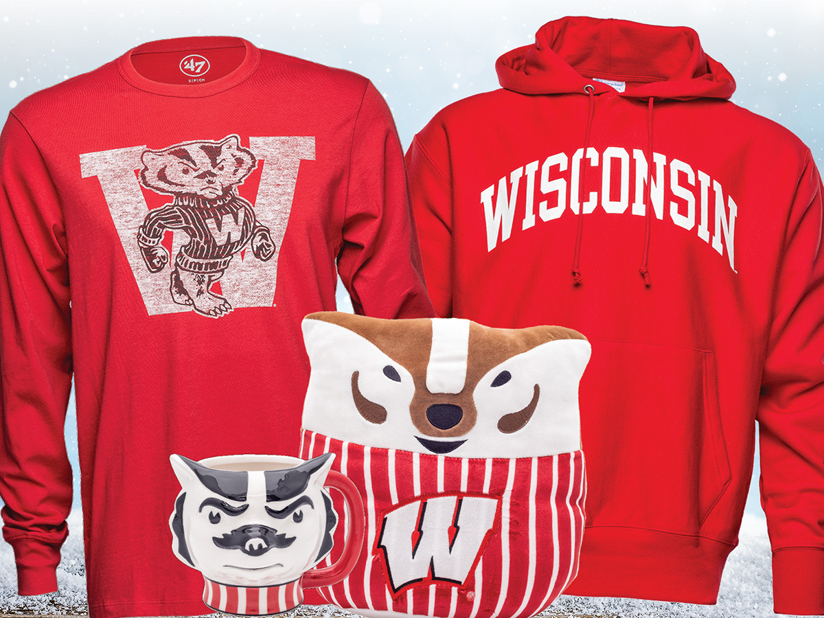 Some of the items offered by University Book Store - a UW shirt, sweatshirt, Bucky squishy plush and Badger coffee mug.