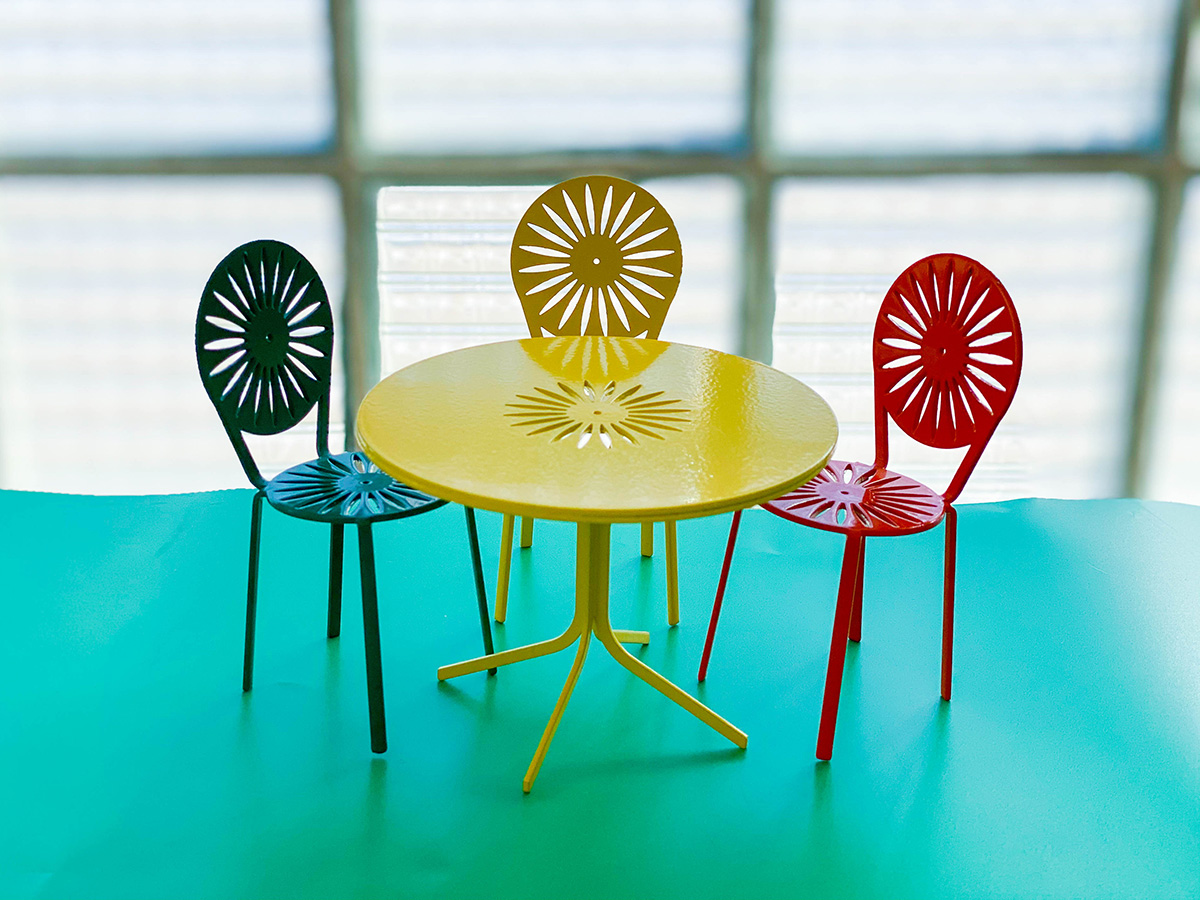 Three mini terrace chairs are shown with a mini table.