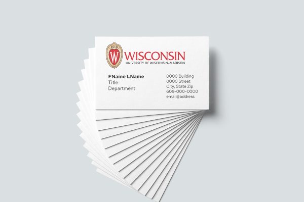 Stack of business cards fanned out with UW–Madison logo appearing at the top of the card.