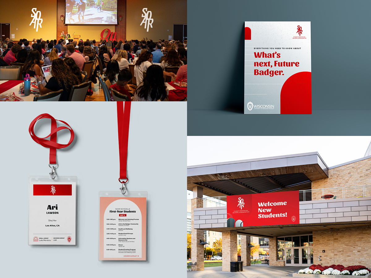 Mockups of signage, name tags, a postcard, and a presentation with new SOAR (student orientation) branding applied