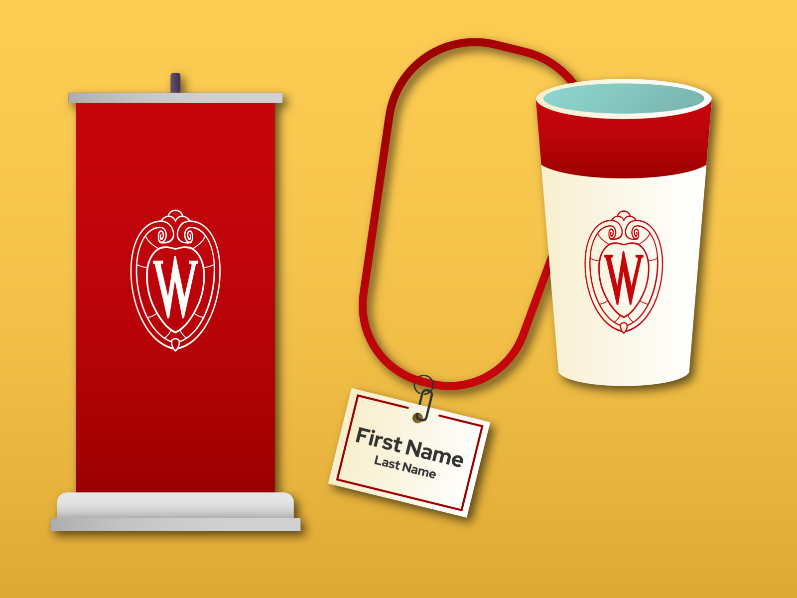 Graphic of branded pull-up banner, a name tag on a lanyard, and a cup