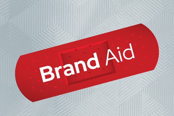 Red illustrated bandage with words “Brand Aid” displayed over it, set against decorative gray background.