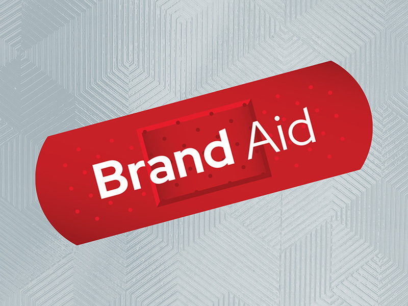 Red illustrated bandage with words “Brand Aid” displayed over it, set against decorative gray background.