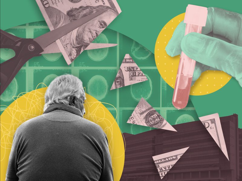 Photo illustration: Scissors cutting a one hundred dollar bill; view of elderly man's back; brain scans in background; gloved hand holding a test tube