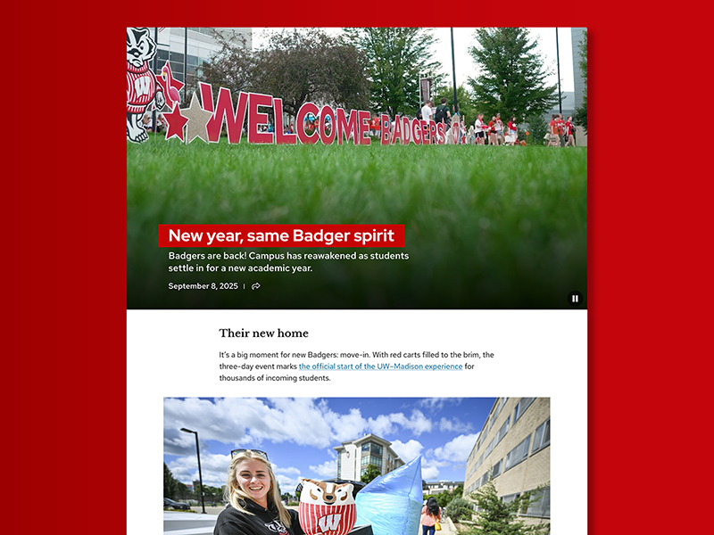 Website screenshot with large hero image of a lawn showing a sign that read "Welcome Badgers"