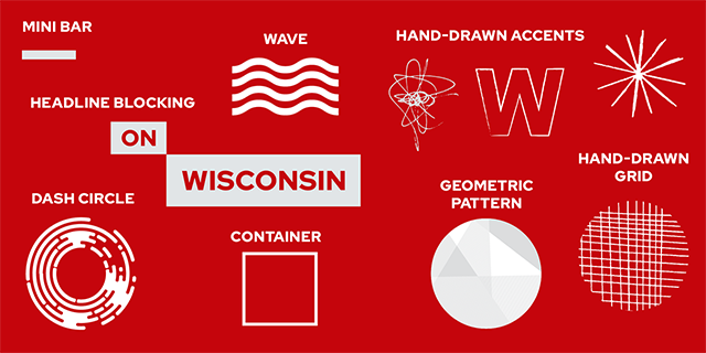 Various examples of brand graphic elements on a red background