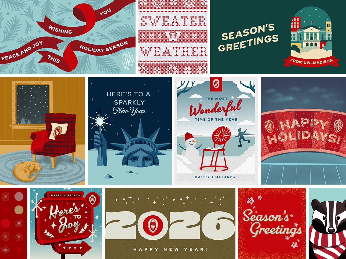 Festive collage of UW–Madison branded holiday cards.
