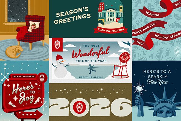 Festive collage of UW–Madison branded holiday cards.