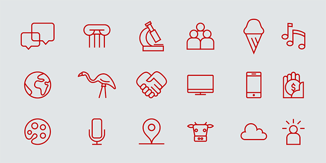 Variety of red icons on a blue-gray background