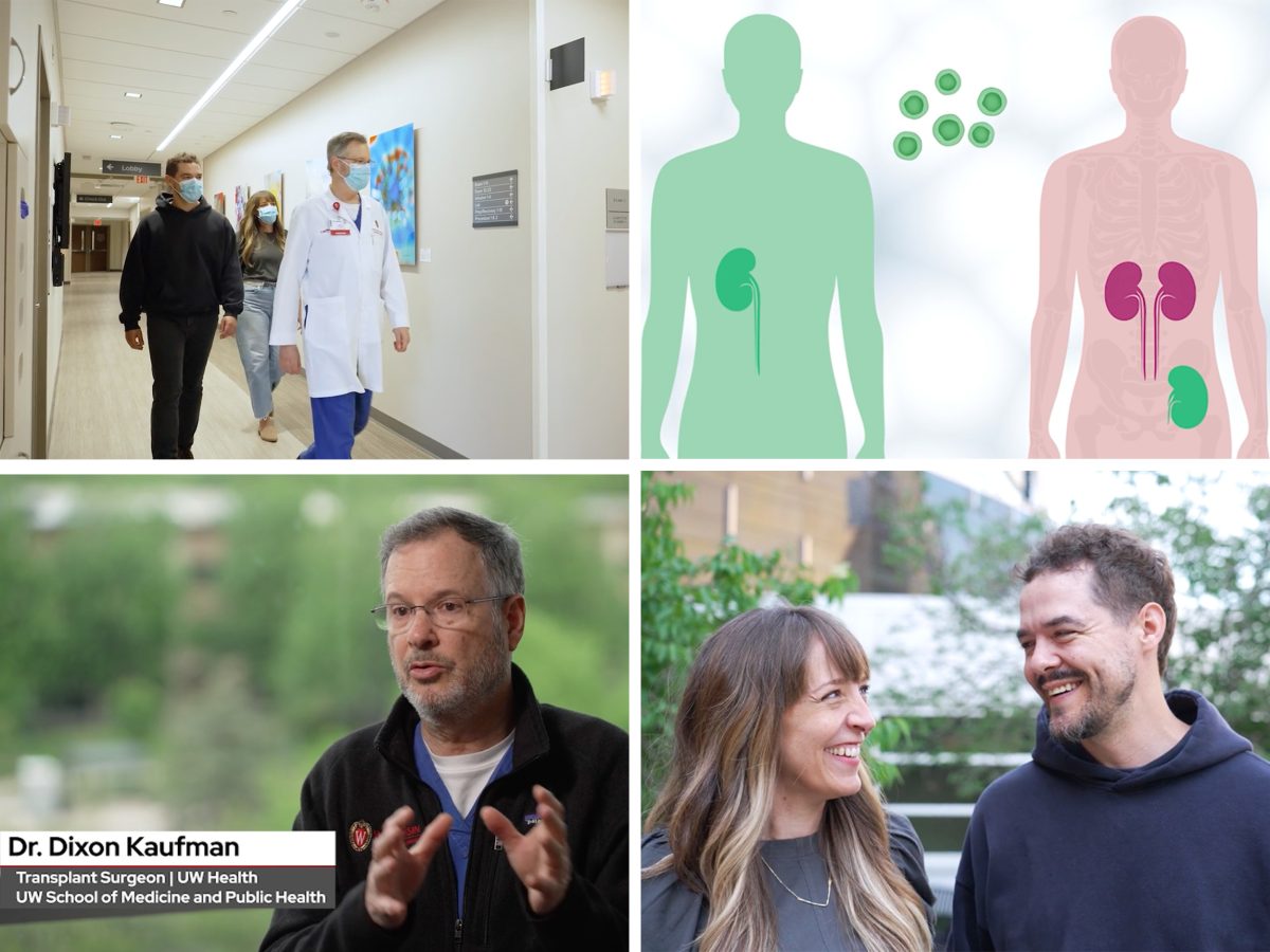 Grid of four images: one showing people walking down a hall; in another, two people smile at each other; a third has a person talking; and the forth is an medical illustration