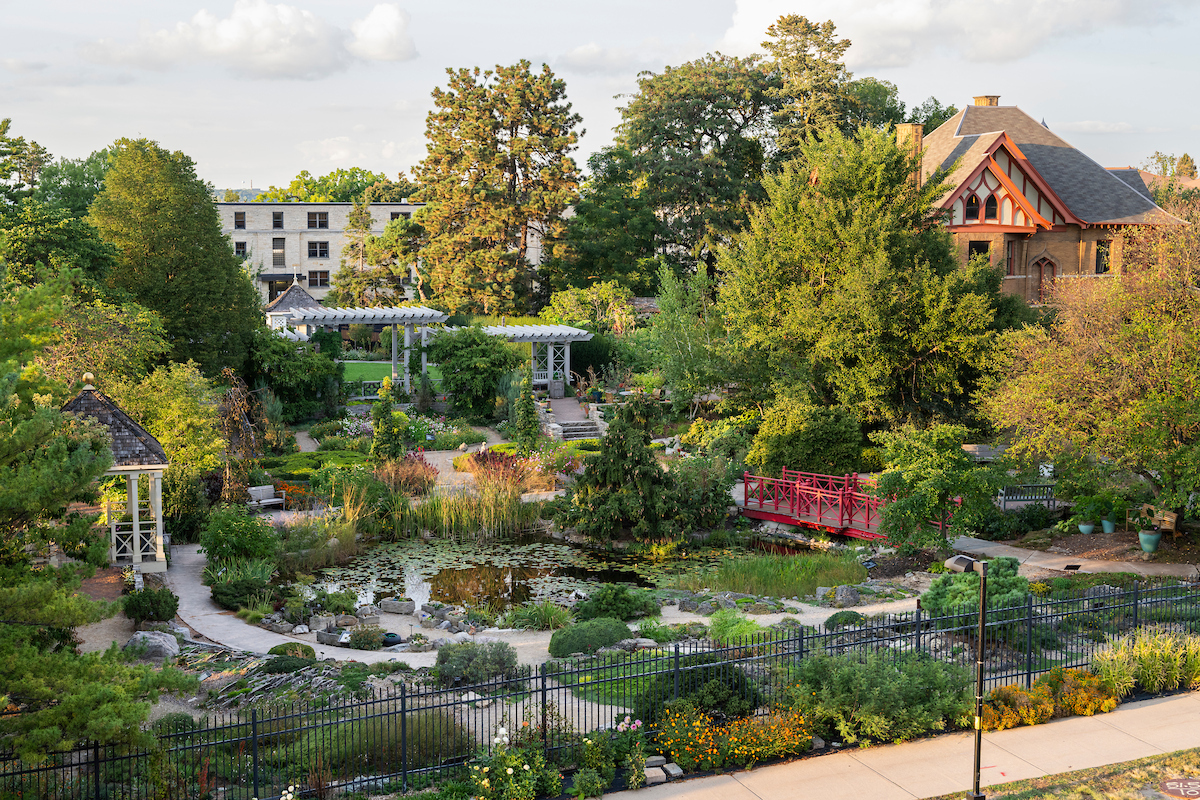 Allen Centennial Garden in summer with a pond, stone pathways, a red footbridge, gazebos, and surrounding trees, with a historic building and other structures in the background.