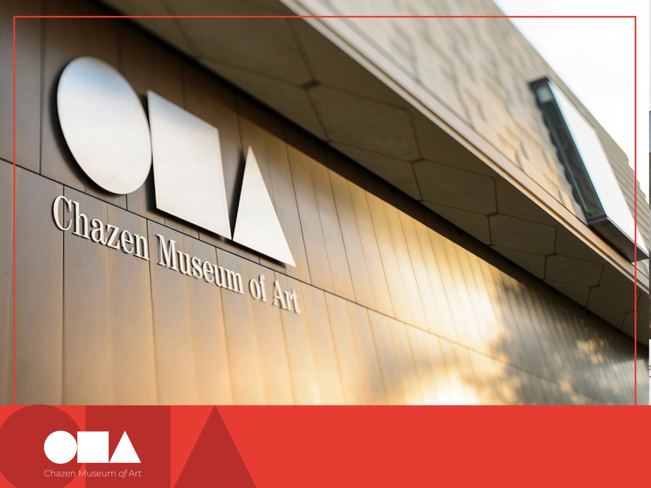 Exterior view of the Chazen Museum of Art building showing its modern architectural design with a large sign displaying the museum’s name and geometric logo on a bronze-toned wall.