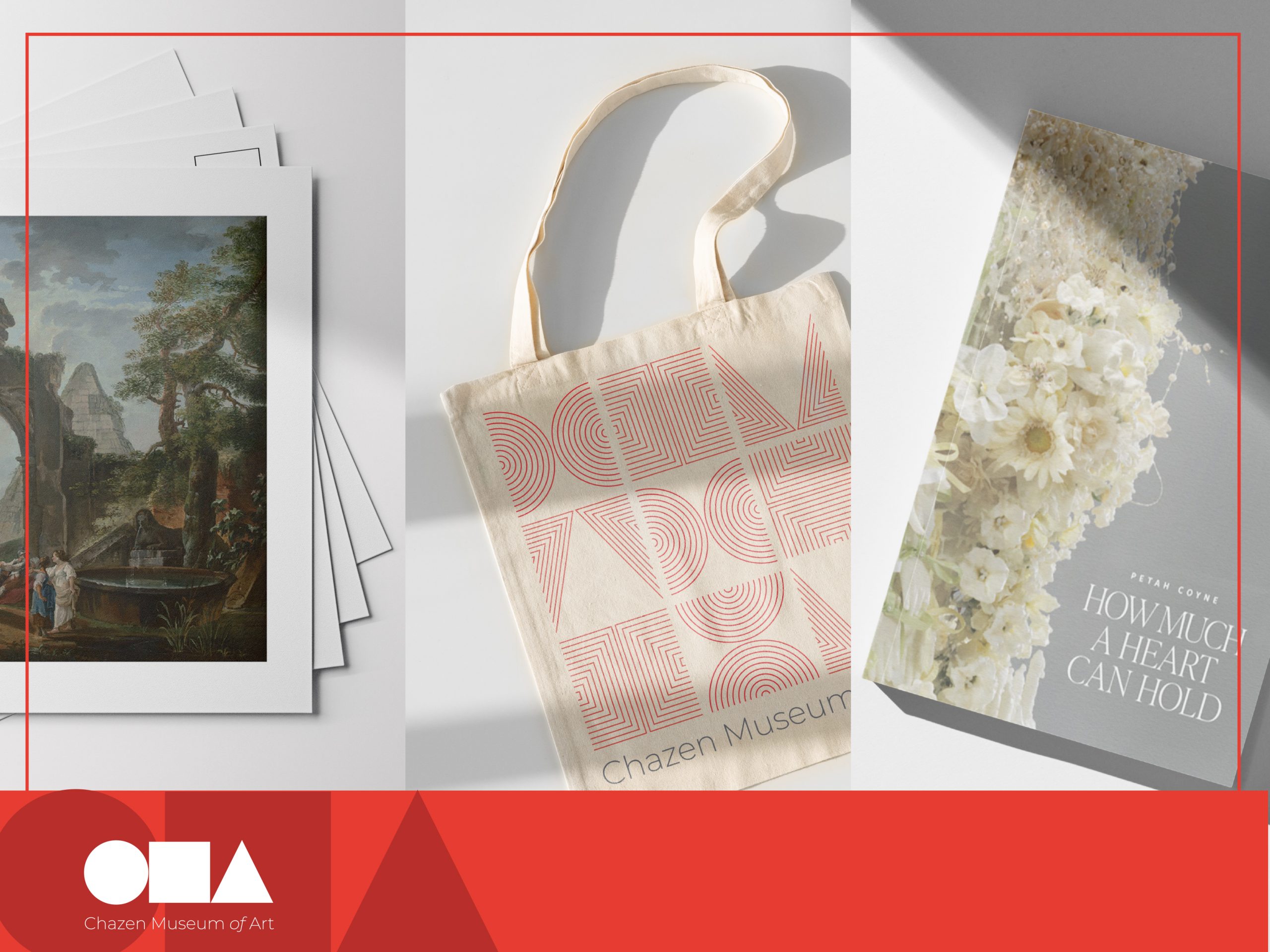 Chazen Museum of Art merchandise including art prints, a beige tote bag with a geometric red design, and a book titled ‘How Much a Heart Can Hold’ against a light background.