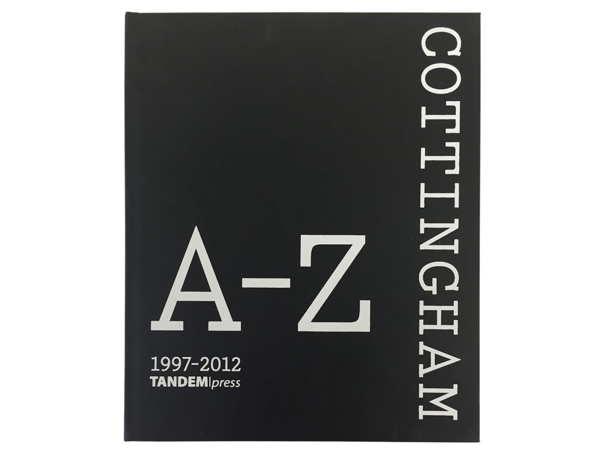 Book cover with a black background featuring large white text reading ‘A–Z, 1997–2012, Tandem Press’ and vertical text along the edge reading 'Cottingham'
