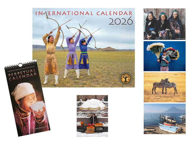 A collage featuring the 2026 International Calendar cover with three people in traditional clothing holding bows in a grassy plain, a smaller perpetual calendar, and several smaller photos showcasing scenes from abroad.
