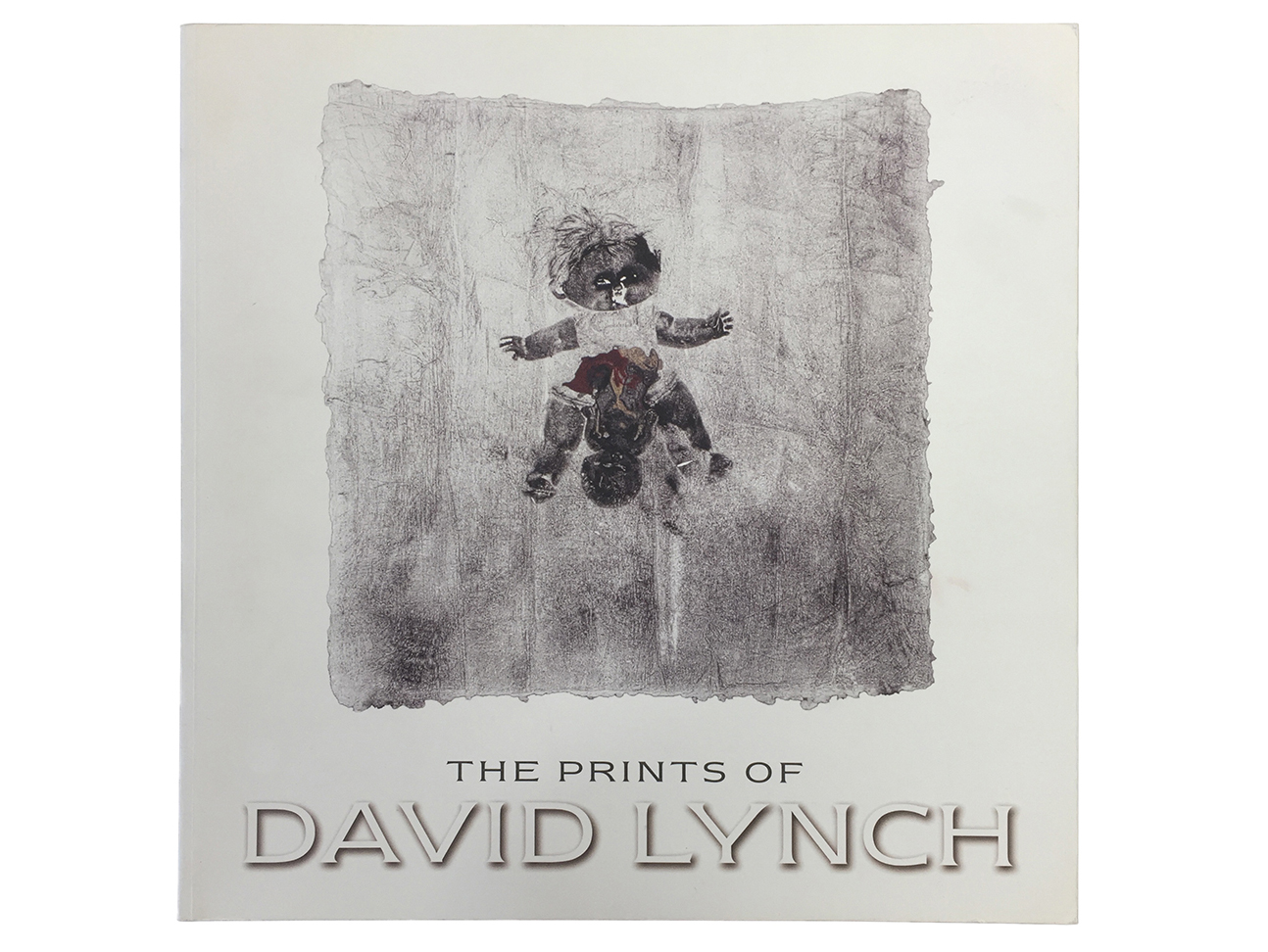 Book cover titled ‘The Prints of David Lynch’ featuring a monochromatic textured background with a dark, abstract figure resembling a doll in the center.
