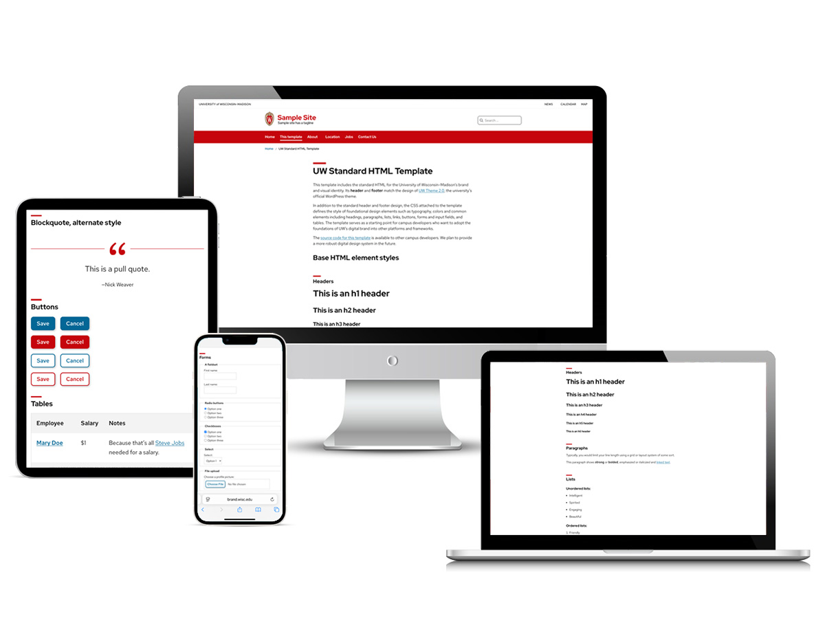 Four devices -- a desktop monitor, laptop, tablet, and smartphone -- displaying different areas of the UW Standard HTML Template page, including header sizes, buttons, and other elements.