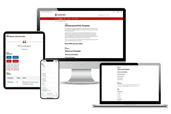 Four devices -- a desktop monitor, laptop, tablet, and smartphone -- displaying different areas of the UW Standard HTML Template page, including header sizes, buttons, and other elements.