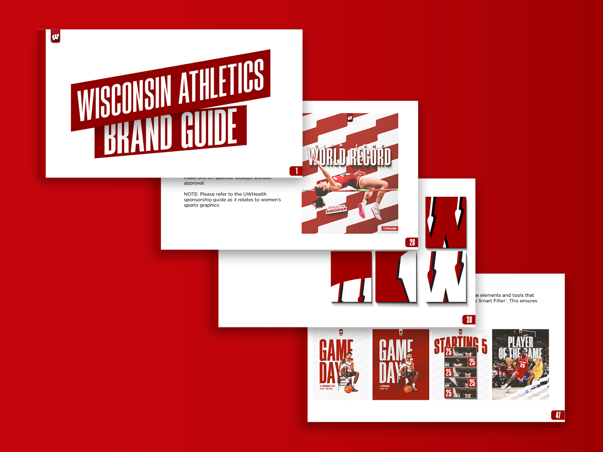 Several pages of a brand guidelines booklet for the Wisconsin Athletics