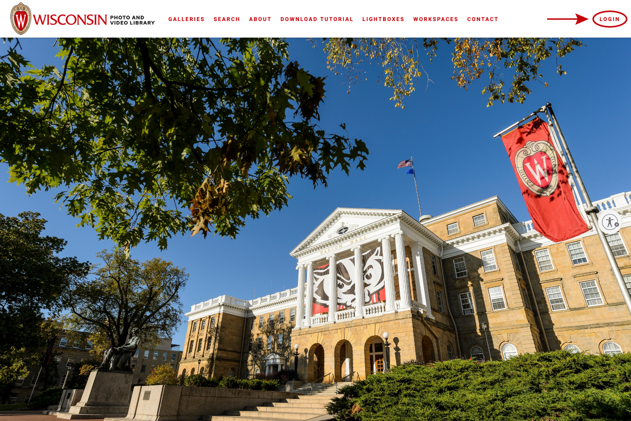 The homepage of PhotoShelter, the Office of Strategic Communication's photo and video library, depicting a photo of Bascom Hall.