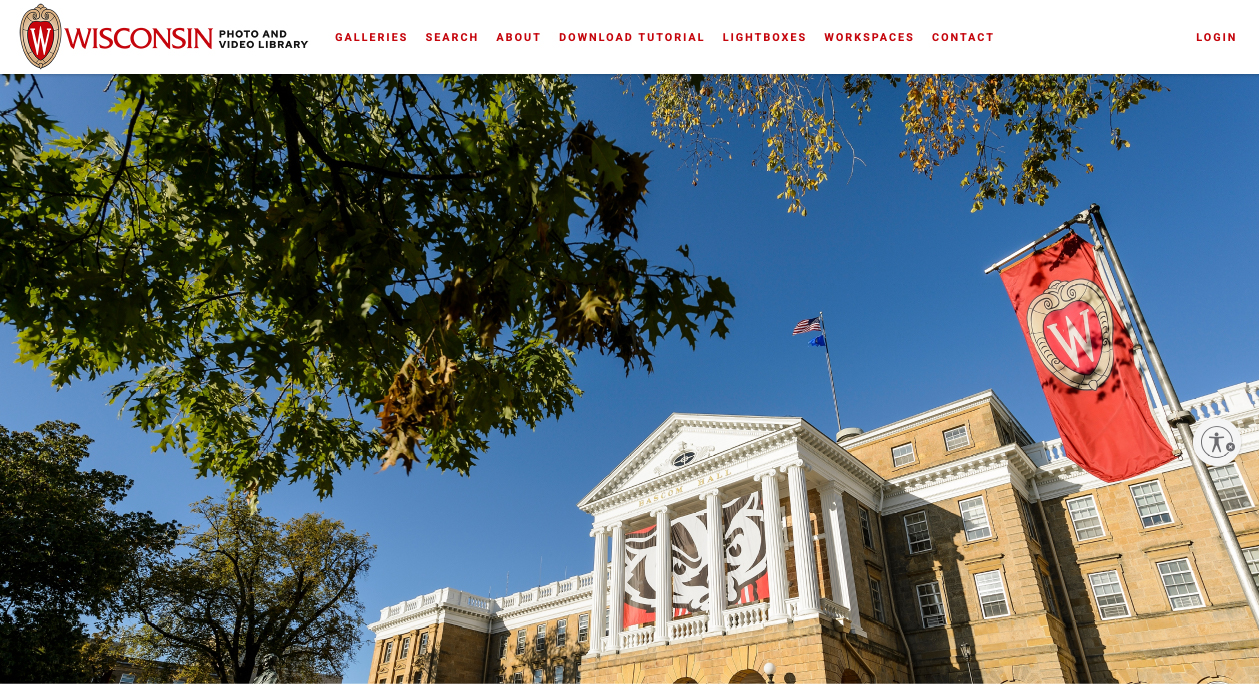 The homepage of PhotoShelter, the Office of Strategic Communication's photo and video library, depicting a photo of Bascom Hall.