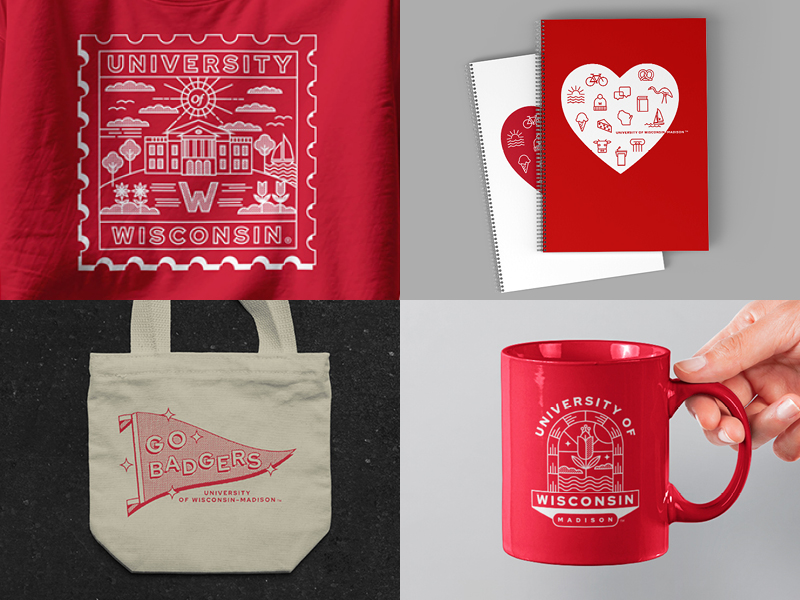 Four UW–Madison branded items including a t-shirt with a stamp design, icon notebooks, canvas tote bag with a pennant, and a mug.