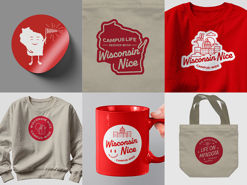 Six UW–Madison–branded items including “Wisconsin Nice” T-shirts and mugs, a canvas tote reading “Life on Mendota,” and a decal featuring a smiling Wisconsin outline holding a Badgers pennant.